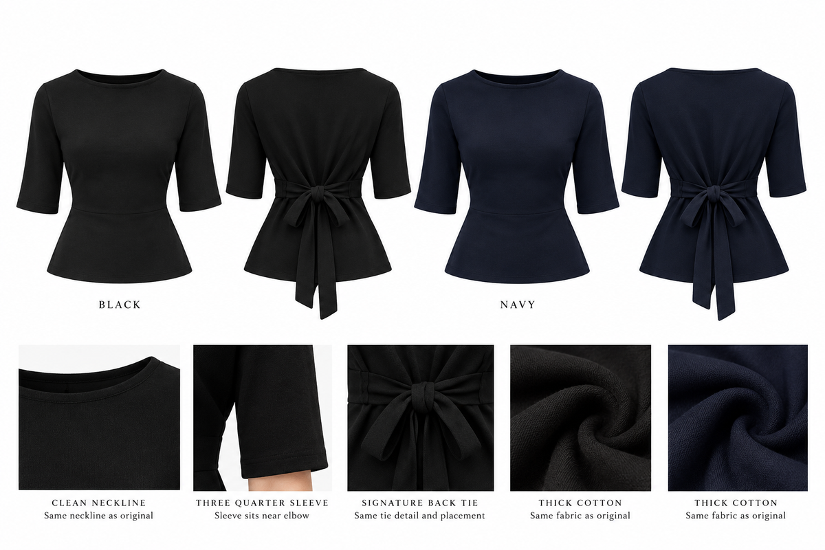 A product comparison graphic showing two views of a women's peplum-style top in black and navy, plus four fabric detail close-ups. The top has elbow-length sleeves, a round neckline, and a tied waist detail.