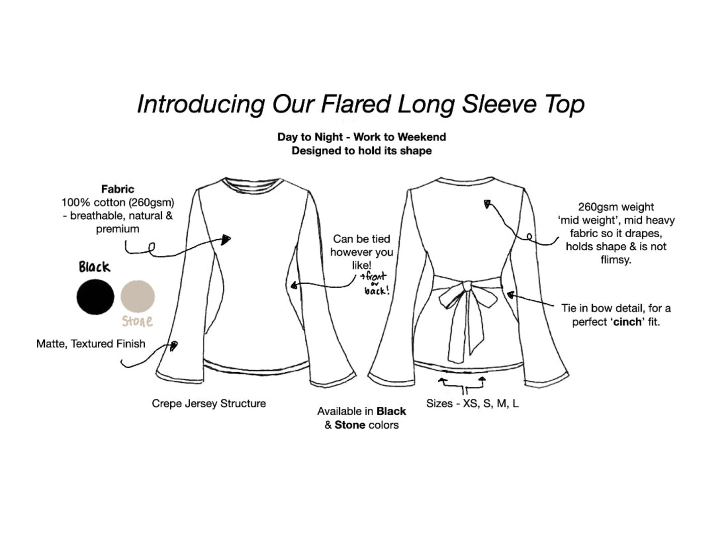 Flared long sleeve top design with fabric and size information on a white background