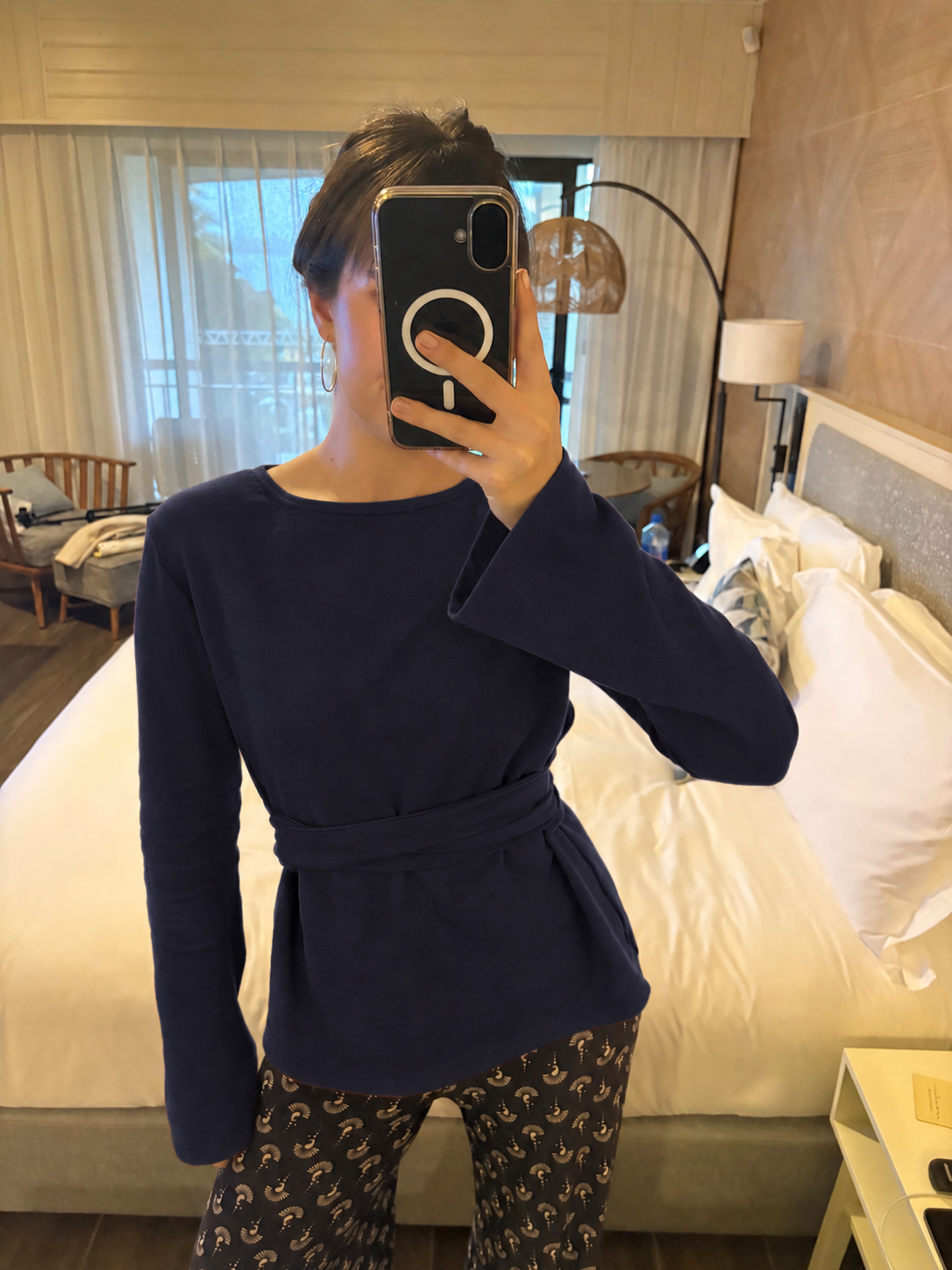 Tie Back Top, A dark navy long-sleeve belted top and patterned pants with small gold anchor motifs.