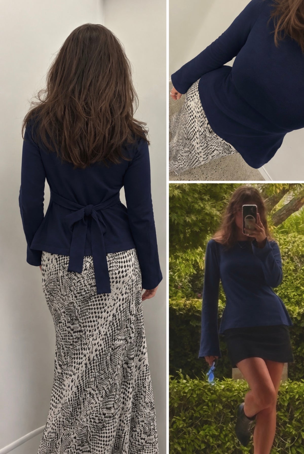 Navy Blue long-sleeve wrap-style top and a black-and-white snakeskin print skirt. The left panel shows her from the back with the top tied at the waist.