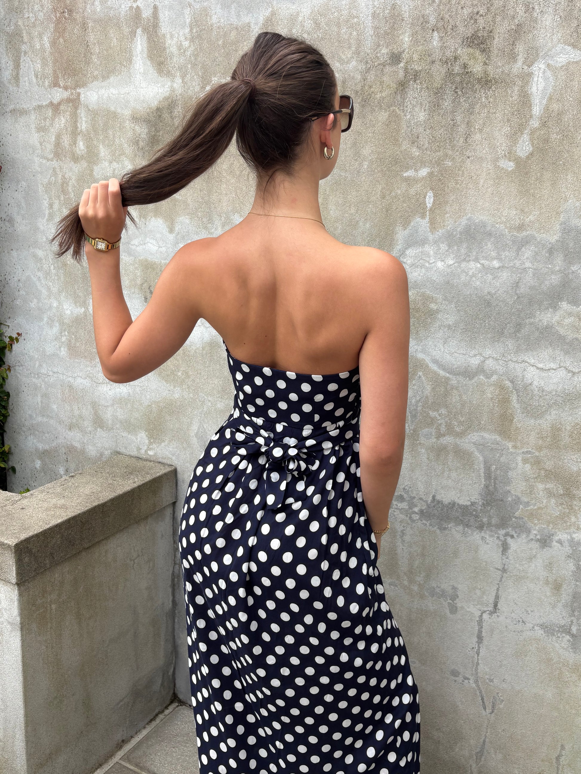 Navy polka dot maxi dress summer outfit for women