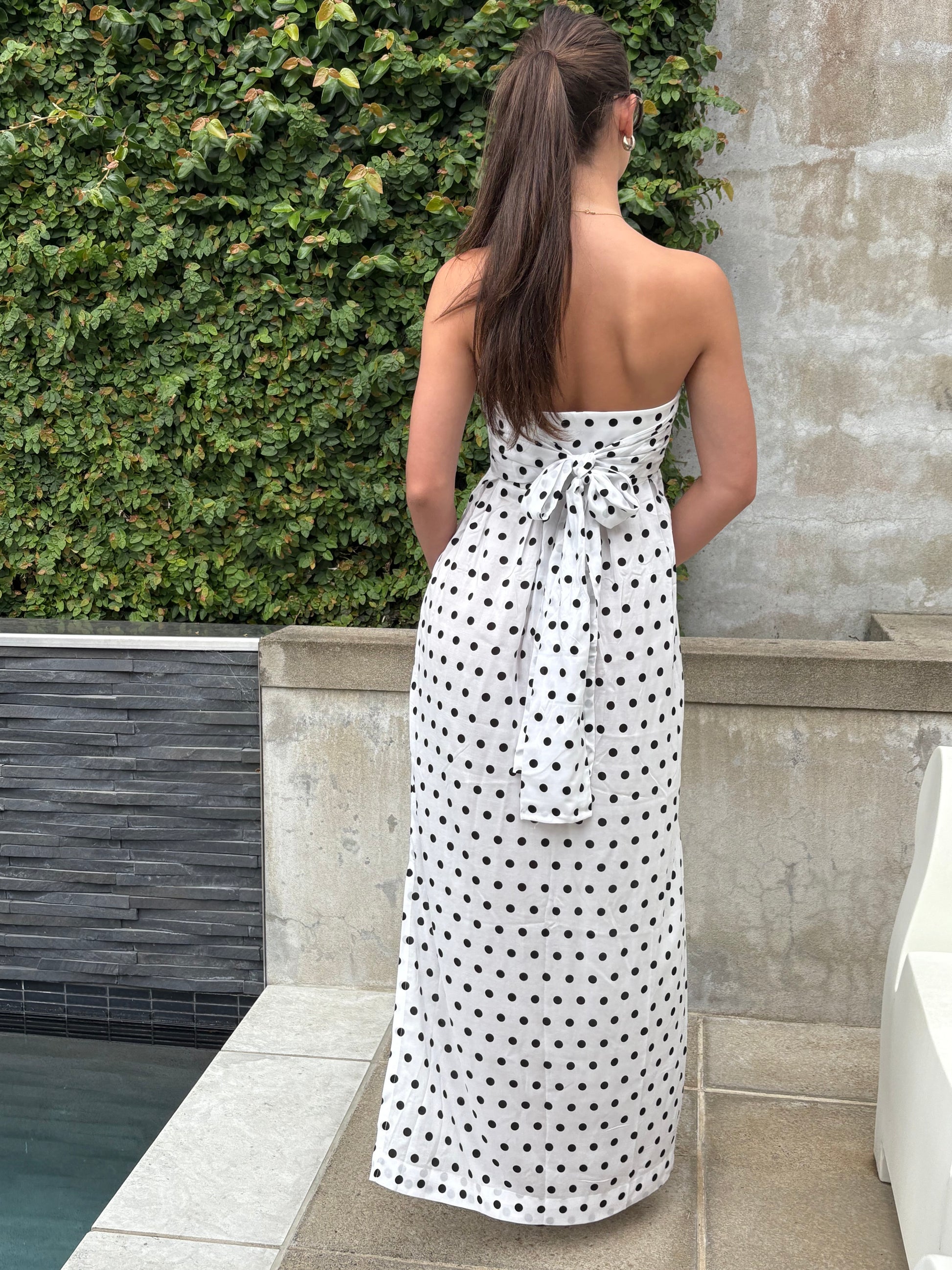White strapless polka dot maxi dress for women