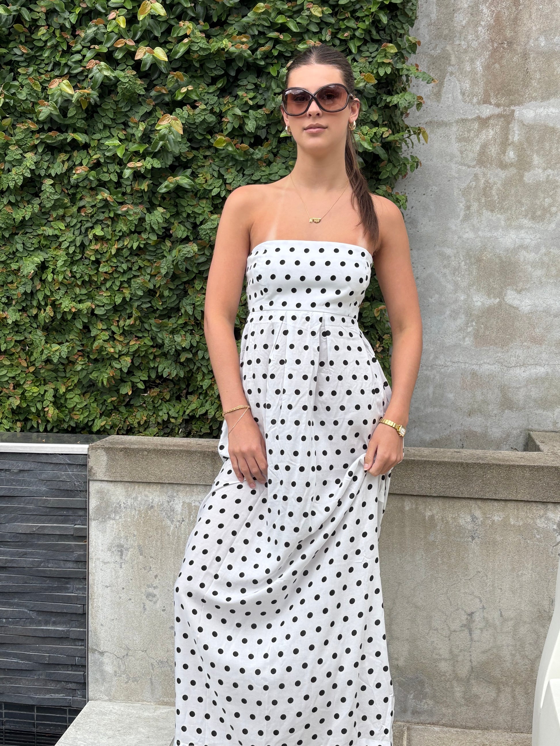 chloe strapless maxi dress The Chloe White Polka Dot Maxi Dress